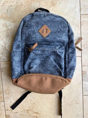 Men's Blue Palm-Print Backpack with Brown Base